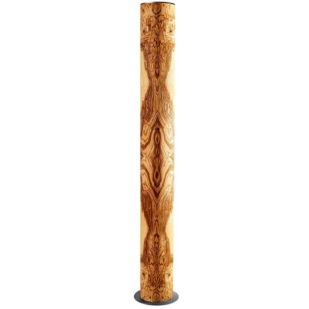 LED Holz-Stehleuchte Lucerna 160cm Olivesche Maser in Olivesche Maser, zylindrischer Holzschirm, schwarzer Fuß.