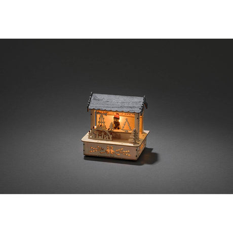 LED Holzsilhouette naturfarben Marktstand mit grauem Dach 3 Warmweiße Dioden batteriebetrieben