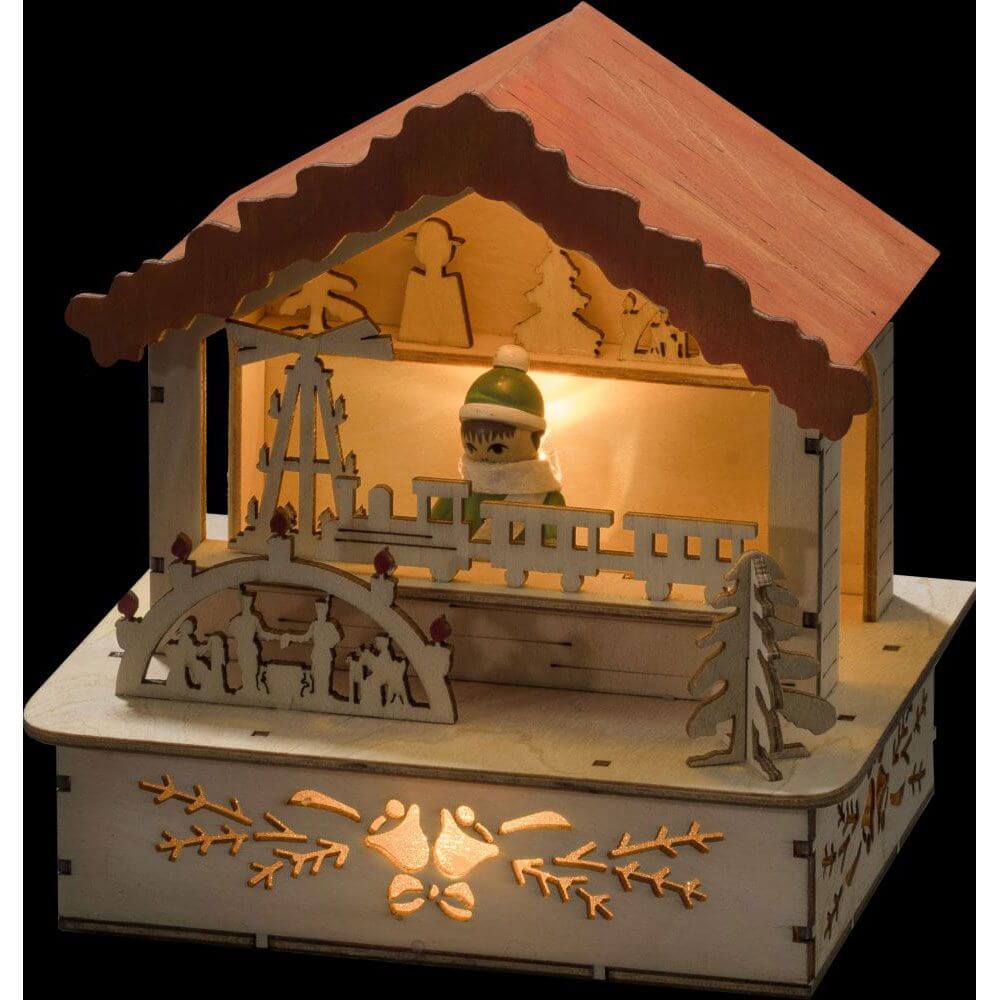 LED Holzsilhouette naturfarben Marktstand mit orangem Dach 3 Warmweiße Dioden batteriebetrieben