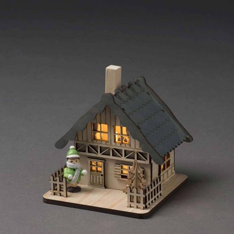 LED Holzsilhouette naturfarben Holzhaus mit grauem Dach 2 warmweiße Dioden batteriebetrieben Innen, weihnachtliche Dekoration.
