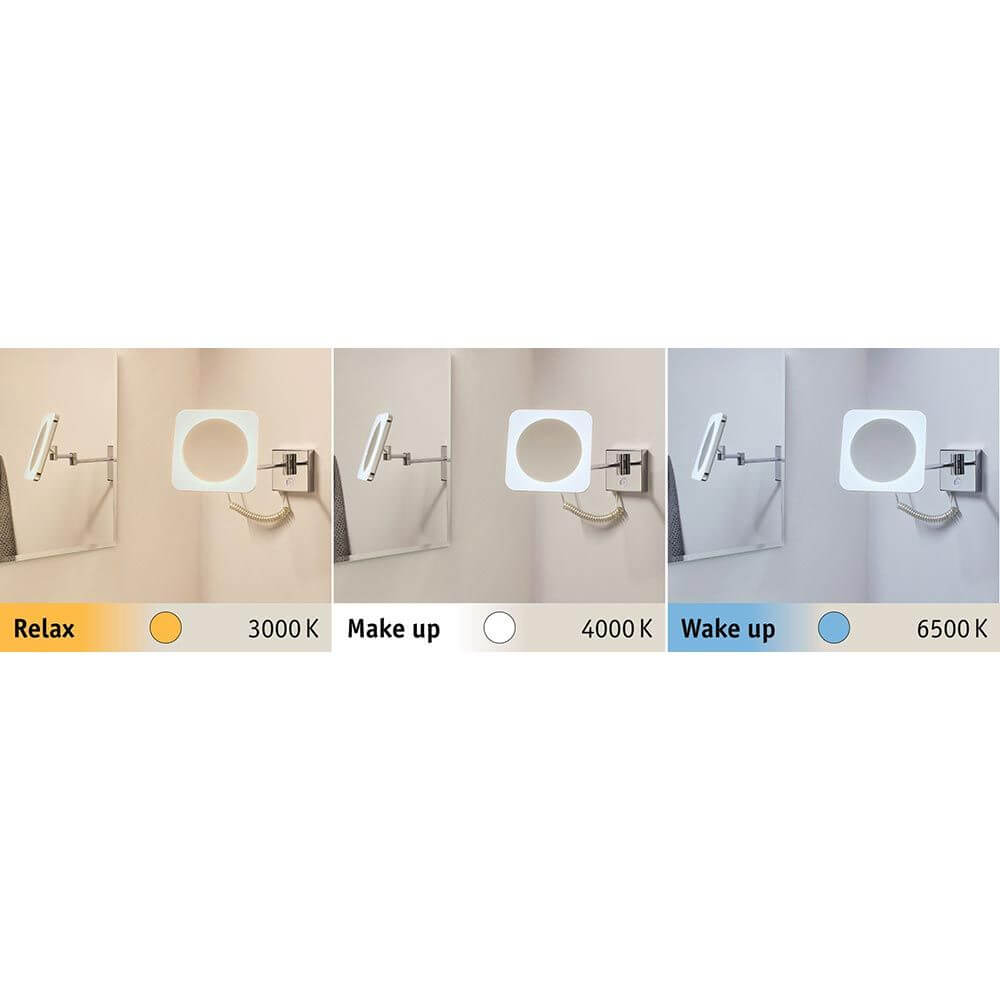 LED Kosmetikspiegel Jora mit Dim-to-Warm Funktion, zeigt entspannende, Make-up und aufweckende Lichtfarben.