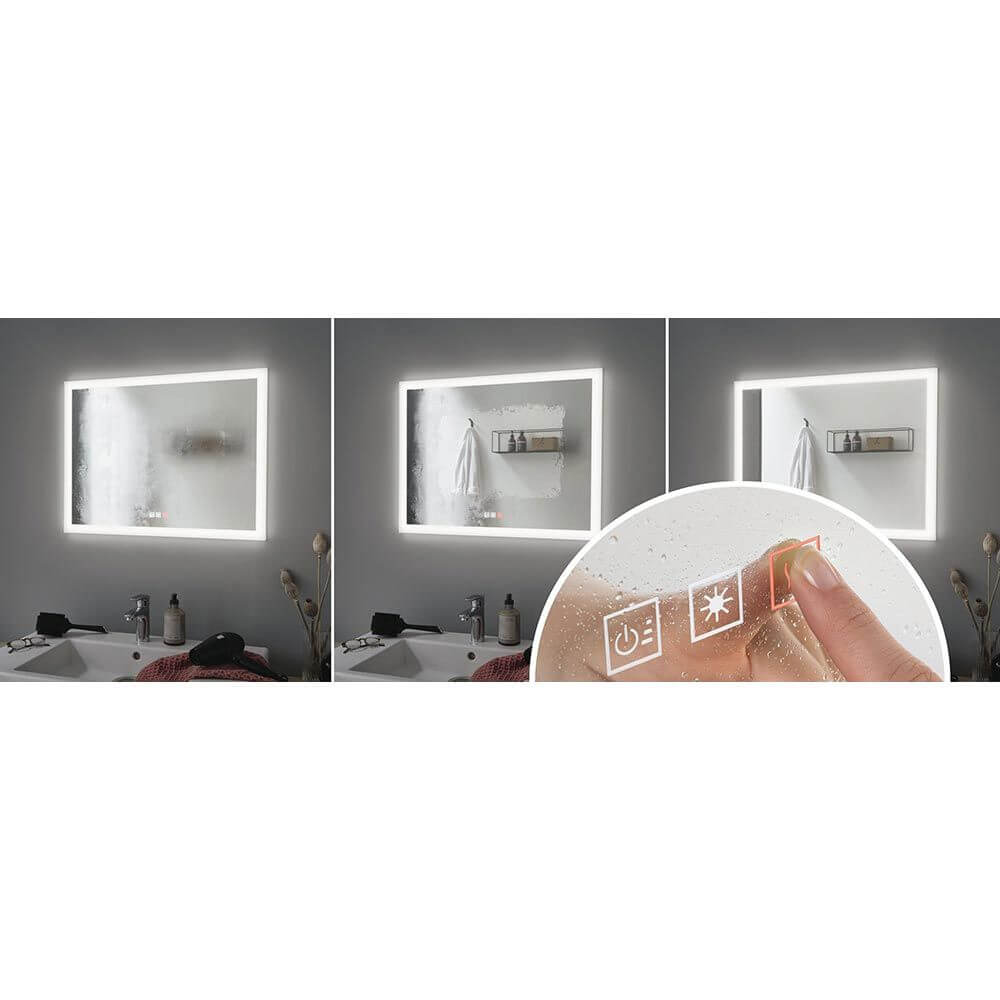 LED HomeSpa Leuchtspiegel Mirra CCT + Heizfunktion mit Touch-Schaltern im Badezimmer.