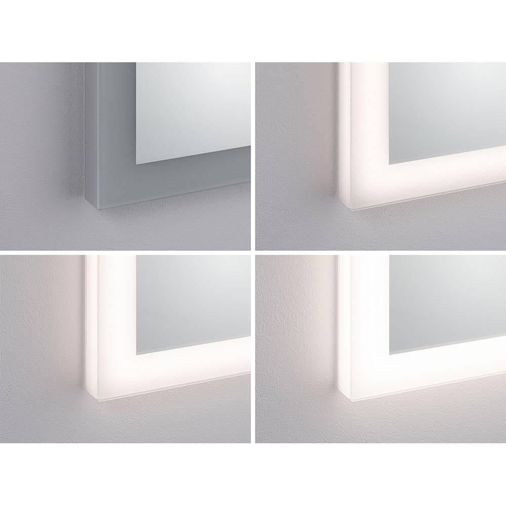HomeSpa LED Leuchtspiegel Mirra in verschiedenen Beleuchtungsfunktionen und Rahmenansichten.