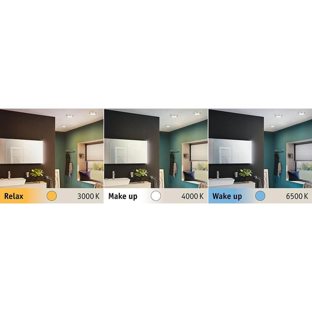 LED HomeSpa Panel Aviar Ø 22cm CCT-Steuerung Weiß, Chrom - Beleuchtungsbeispiele in verschiedenen Farbtemperaturen