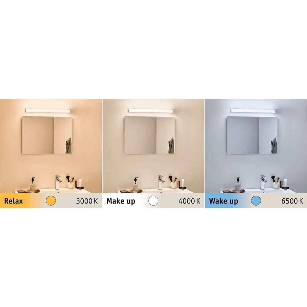 LED HomeSpa Bad- & Spiegelleuchte Luno Weiß: Lichtfarbe Relax, Make up und Wake up mit Temperaturangaben.