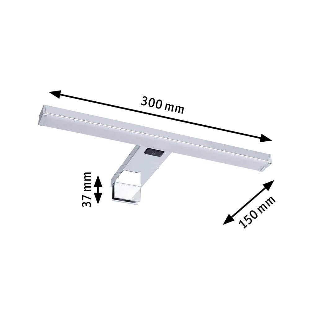 LED HomeSpa Spiegelleuchte Selo Weiß, Chrom mit Abmessungen 300mm x 150mm x 37mm.