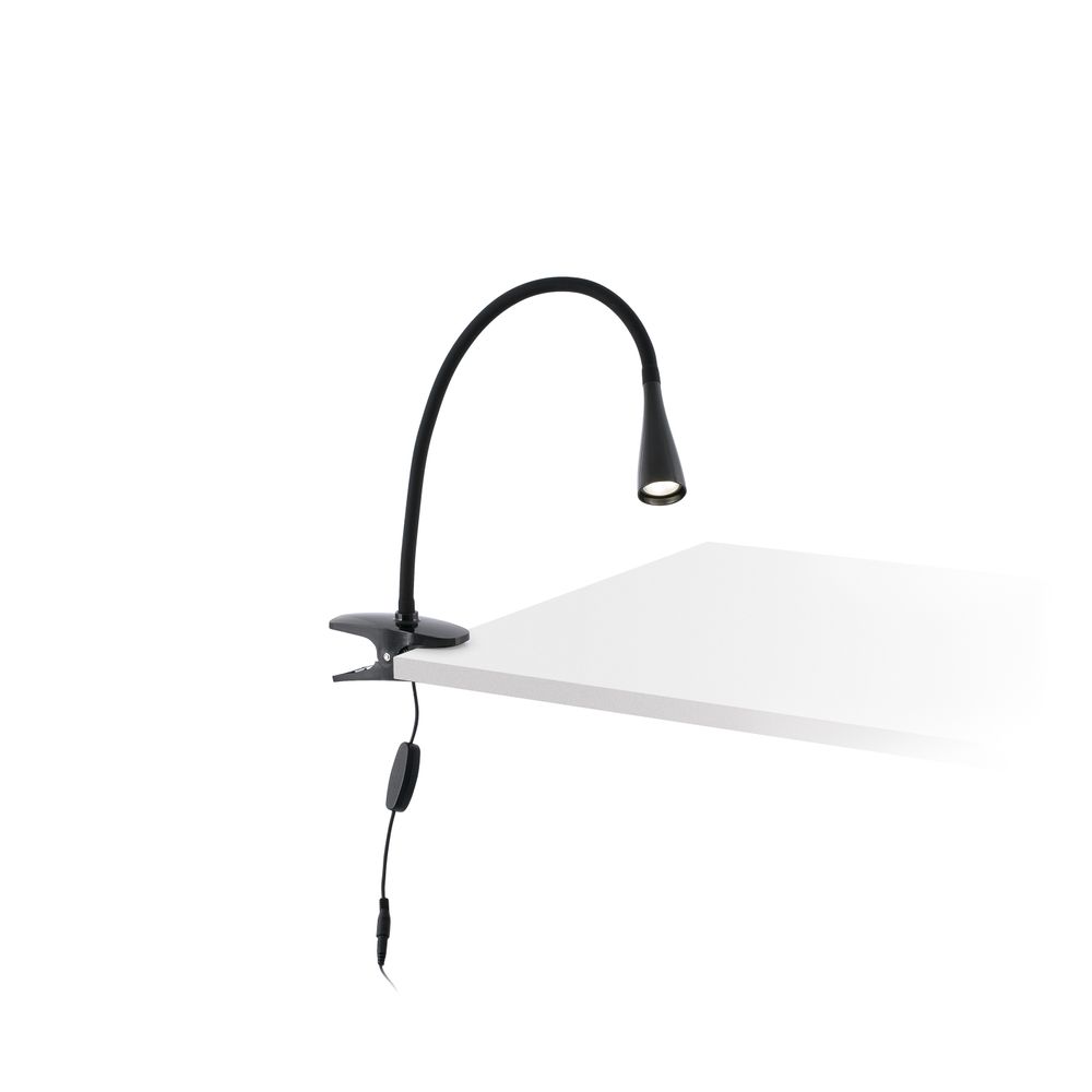 LED Klemmleuchte LENA 5W 4000K Schwarz mit flexiblem Schwanenhals und Klemme auf einem Tisch.