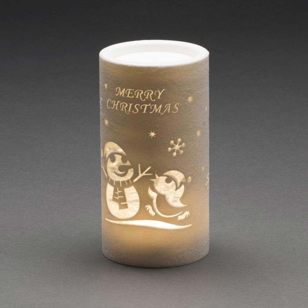 LED Laterne Schneemann wassergefüllt Zylinderform Timer warmweiß batteriebetrieben Innen mit fröhlichen Weihnachtsmotiven.