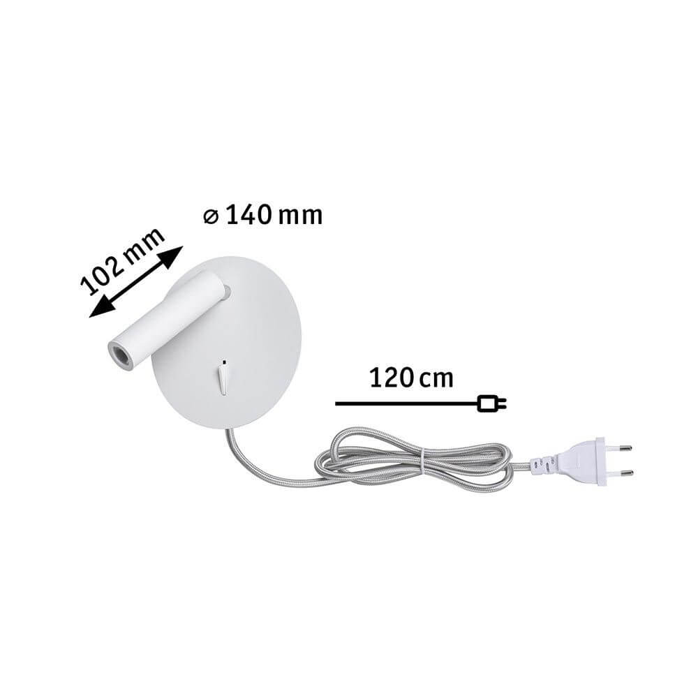 LED Lese- & Wandleuchte Tabari Weiß, Chrom mit Kabel und Montageinformationen, Durchmesser 140 mm.