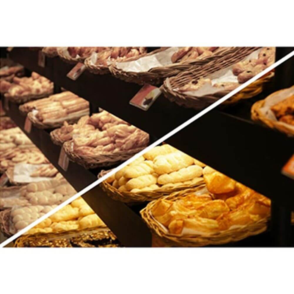 LED für Bäckerei fokussierbar 35°-50° Warmweiß 2760K 2516lm 30W beleuchtet frische Backwaren in einer Bäckerei.