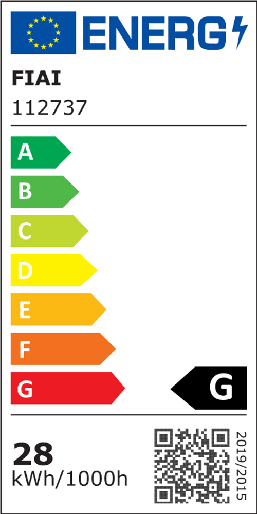 Energielabel FIAI 112737 mit Verbrauch von 28 kWh/1000h und G-Klasse auf einem Energiebewertungsschema.