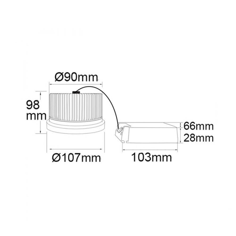 Technische Zeichnung eines LED-Strahlers mit Abmessungen von 90mm und 107mm Durchmesser.