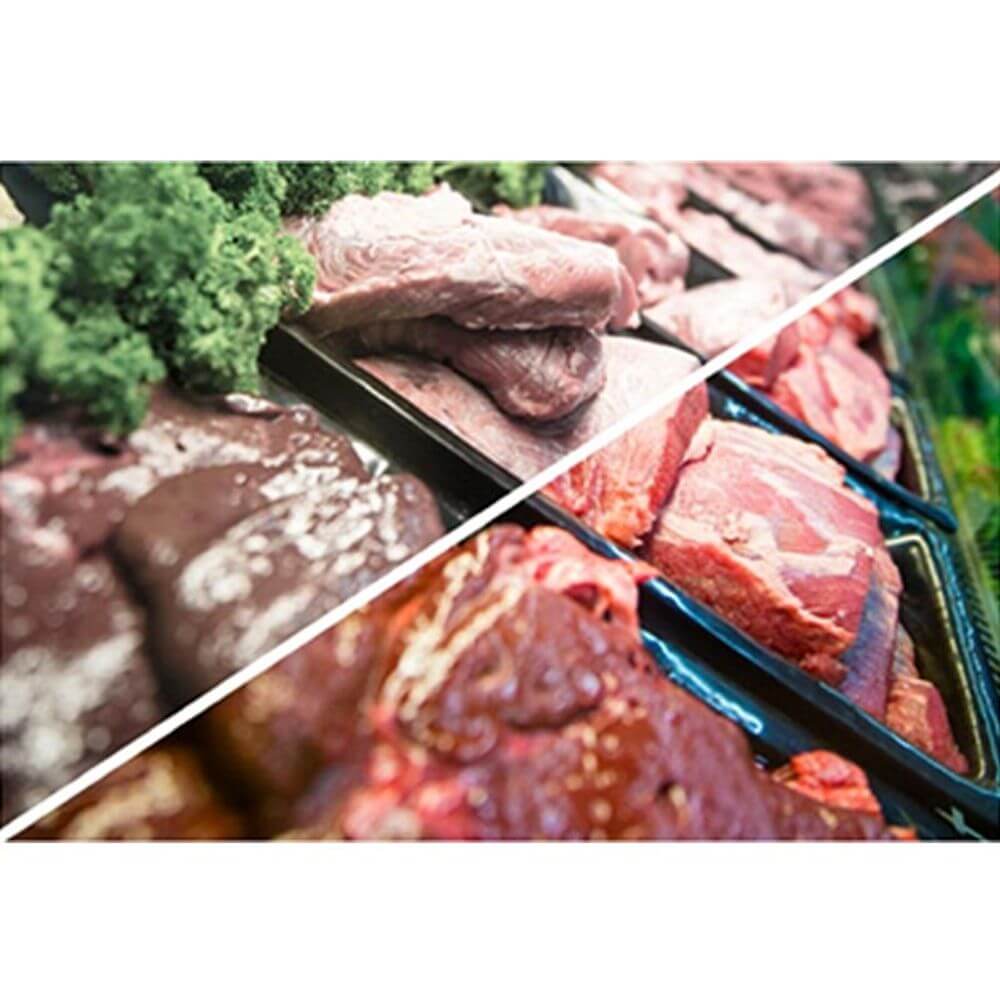 Frisches Fleischsortiment in Metzgerei, optimal beleuchtet mit LED-Strahler für ansprechende Präsentation.