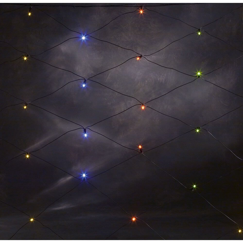 LED Lichternetz 120 bunte Dioden IP44 mit bunten, leuchtenden Dioden auf dunklem Hintergrund.