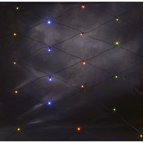 LED Lichternetz 120 bunte Dioden IP44 mit bunten, leuchtenden Dioden auf dunklem Hintergrund.