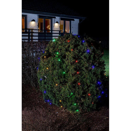 LED Lichternetz 32 bunte Dioden IP44 leuchtet am Strauch im Garten bei Nacht.