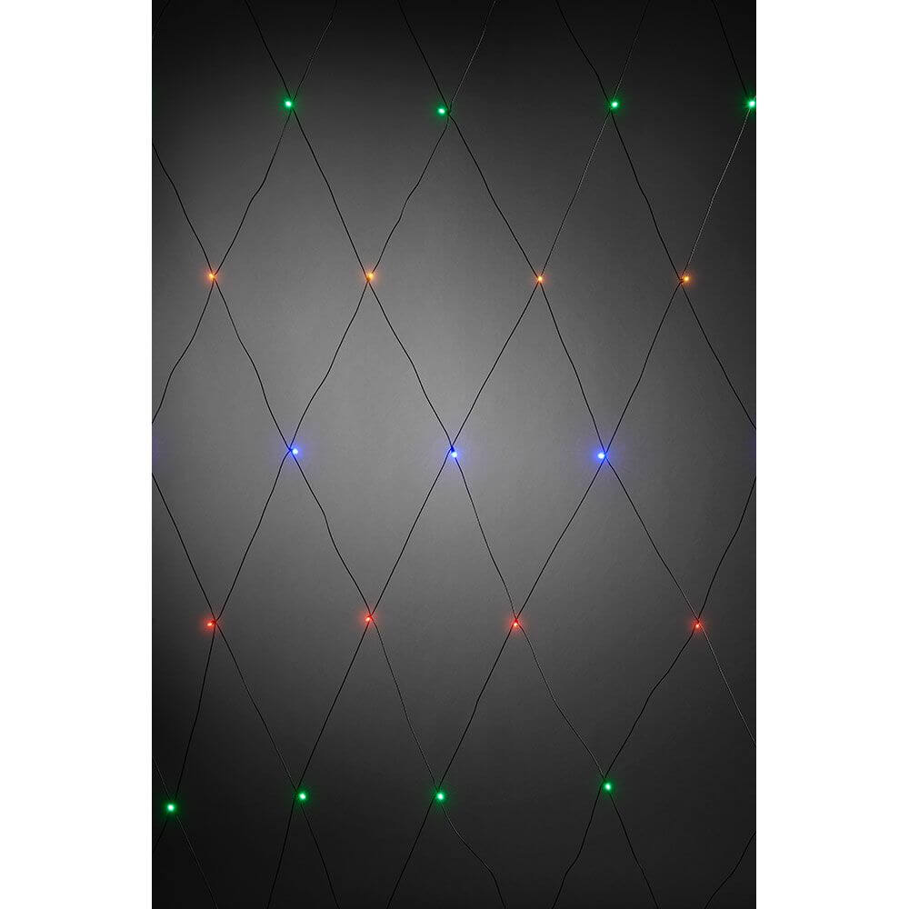 LED Lichternetz 64 bunte Dioden IP44 - Bunte Lichter auf schwarzem Hintergrund, ideal für festliche Dekoration.