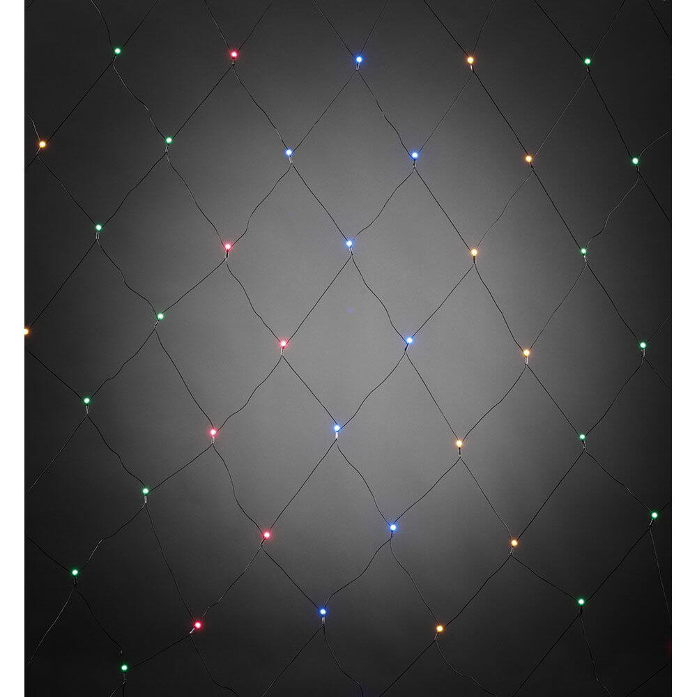 LED Lichternetz mit bunten Globes 80 bunte Dioden IP44 auf schwarzem Hintergrund.