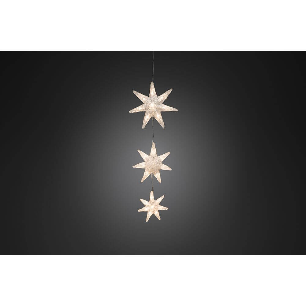LED Lichtervorhang 3 Sterne Timer 24 Warmweiße Dioden IP44 - stimmungsvolle Weihnachtsdekoration mit warmen Lichtakzenten.