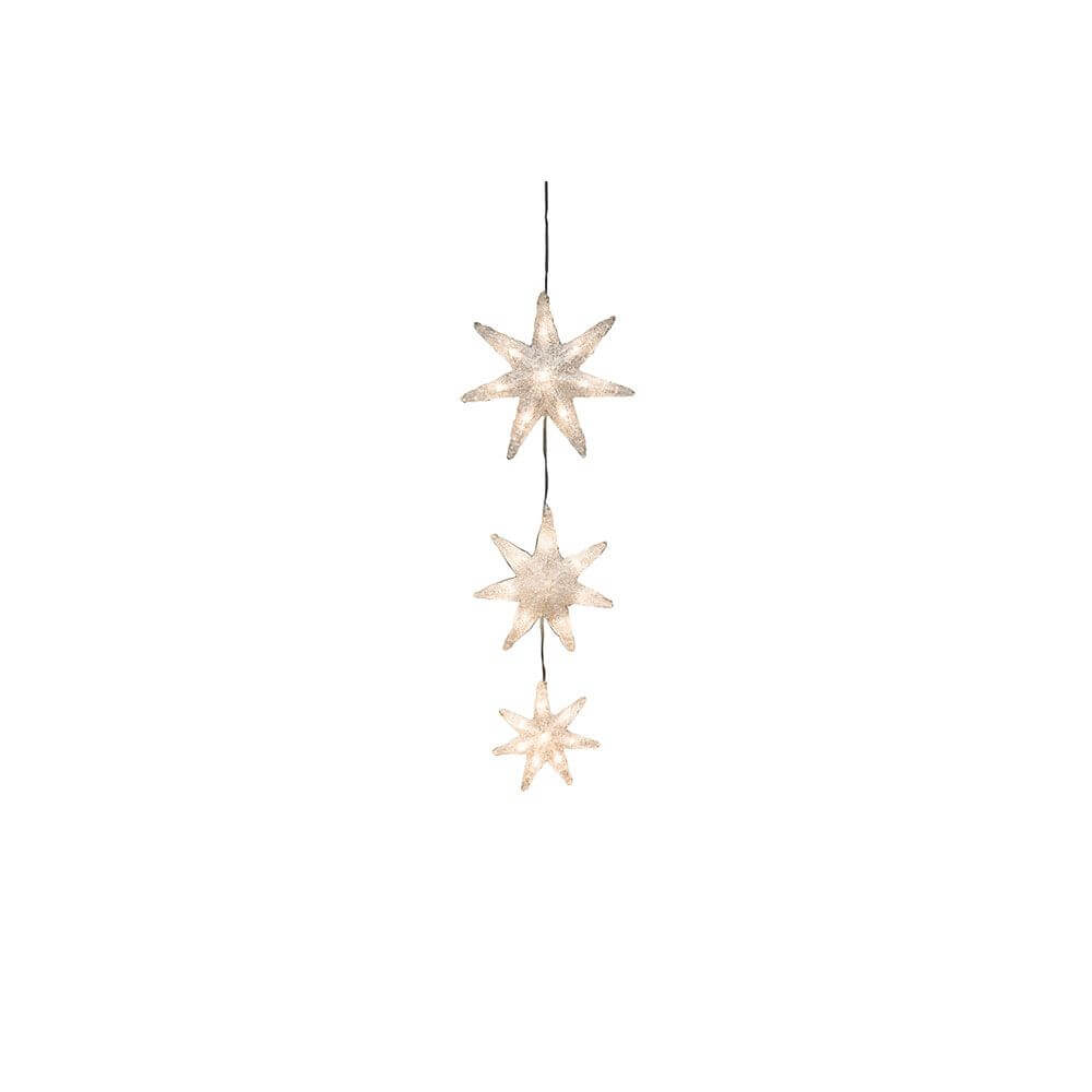LED Lichtervorhang 3 Sterne Timer 24 Warmweiße Dioden IP44 - dekorative Weihnachtsbeleuchtung mit drei leuchtenden Sternen.