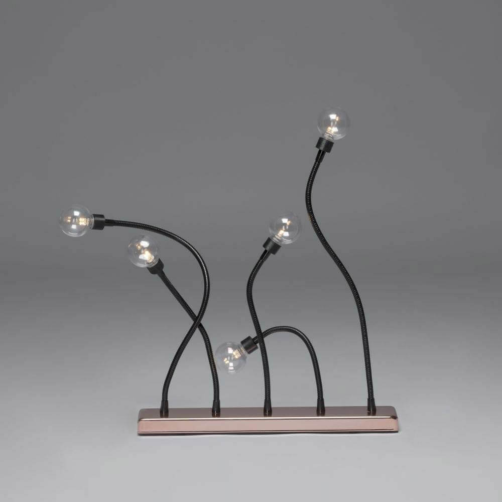 LED Metallleuchter schwarz kupferfarben 2 LED's je Birne 10 warmweiße Dioden auf einem modernen Sockel.