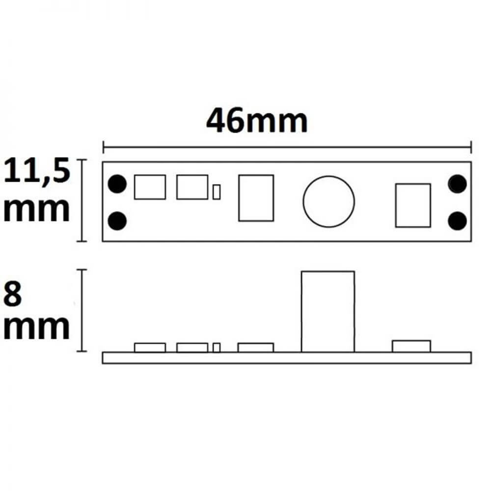 Technische Zeichnung des Mini-Dimmers für LED-Strips mit Abmessungen 46mm x 11,5mm x 8mm.