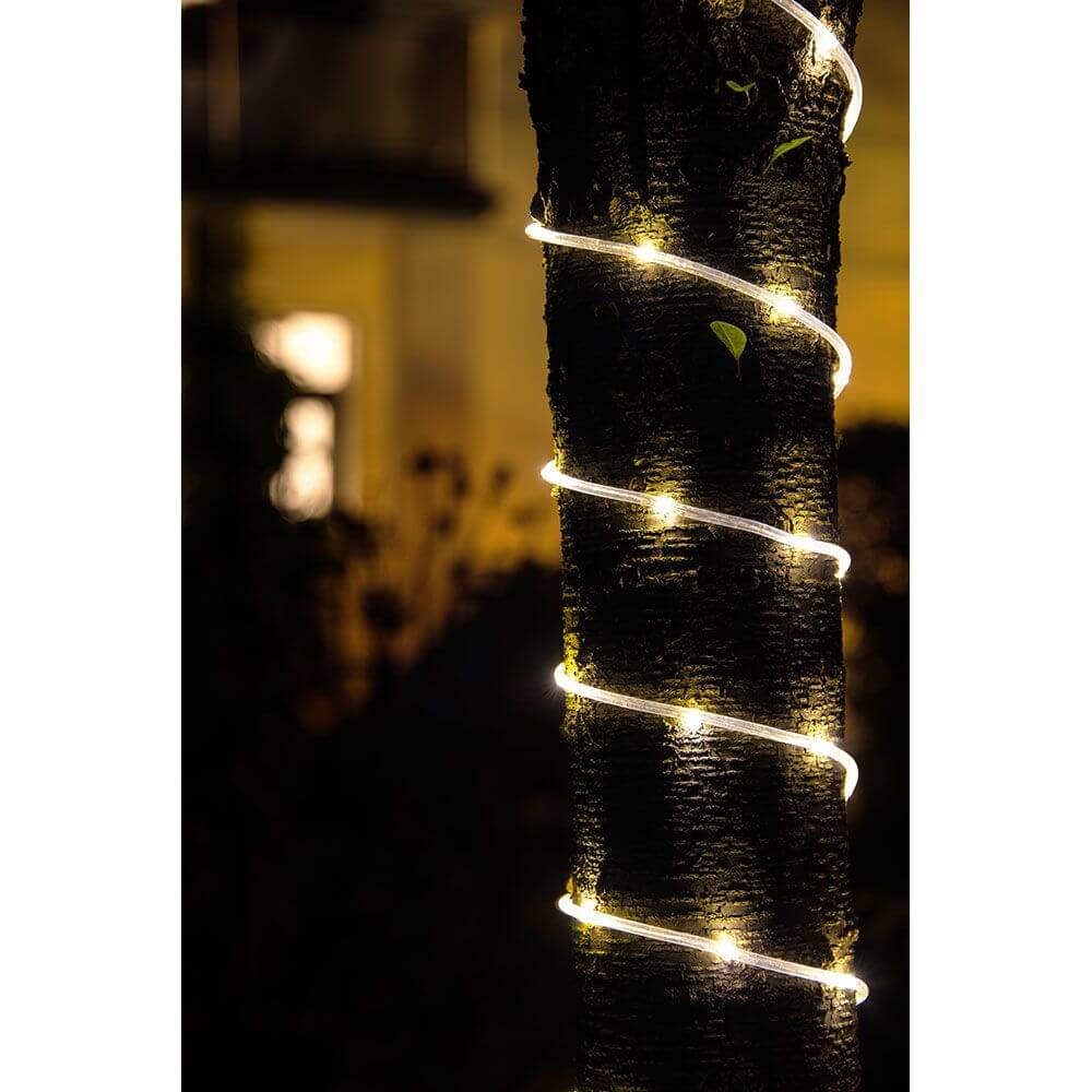 LED Mini Lichterschlauch 5m mit Lichtsensor Timer 65 Warmweiße Dioden batteriebetrieben IP44 um einen Baum gewickelt bei Nacht