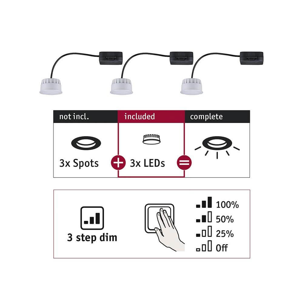 LED Modul Choose 3er-Set Rund mit 3-Stufen-Dimmer 2700K mit 3 Spots und 3 LEDs, 3-Step-Dim-Funktion.