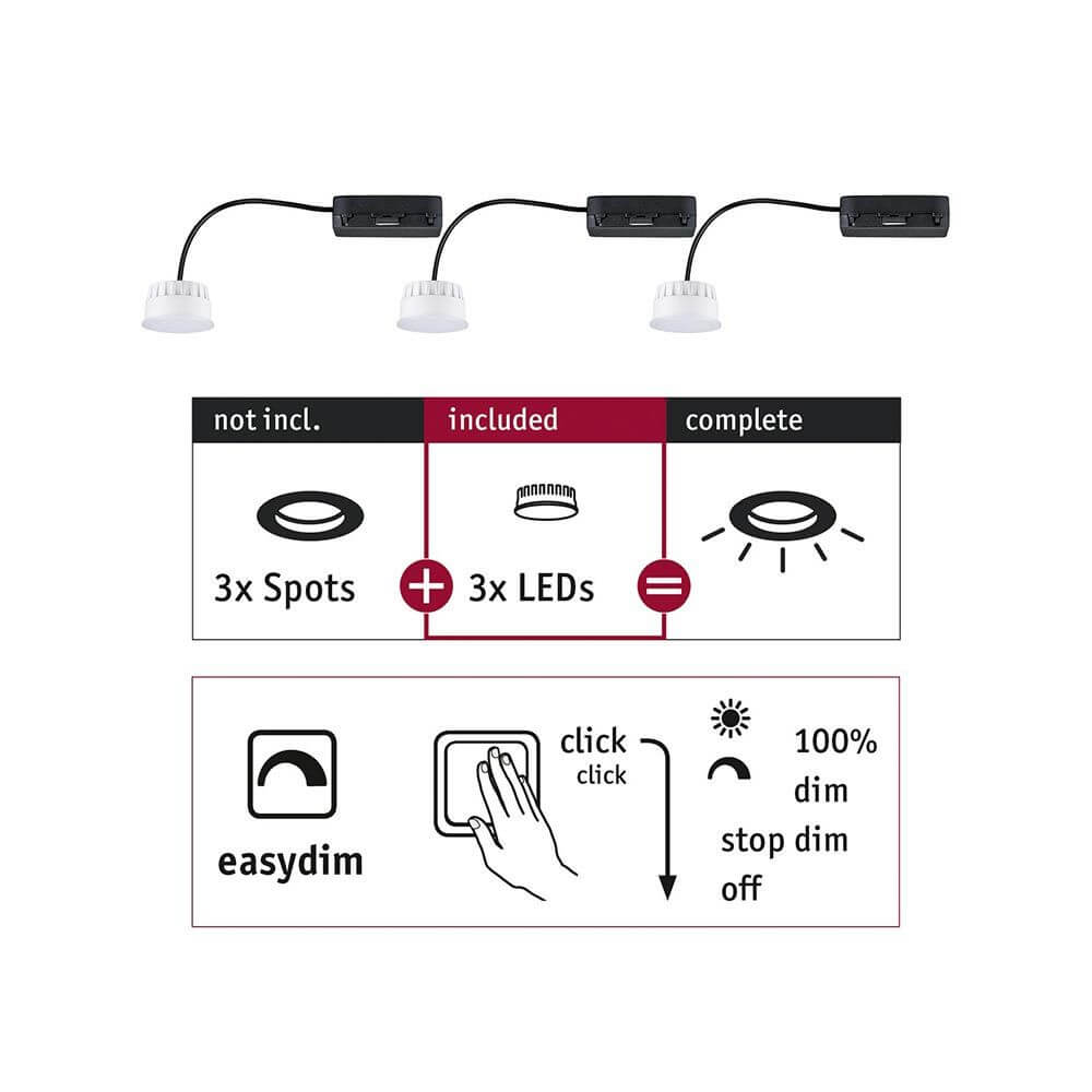 LED Modul Choose 3er-Set Rund 2700K mit 3 Spots und EasyDim-Anleitung.