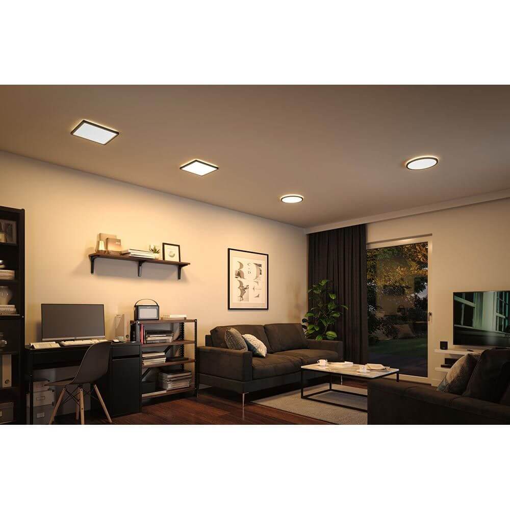 LED Panel Atria Shine Eckig in einem modernen Wohnzimmer mit warmweißer Beleuchtung