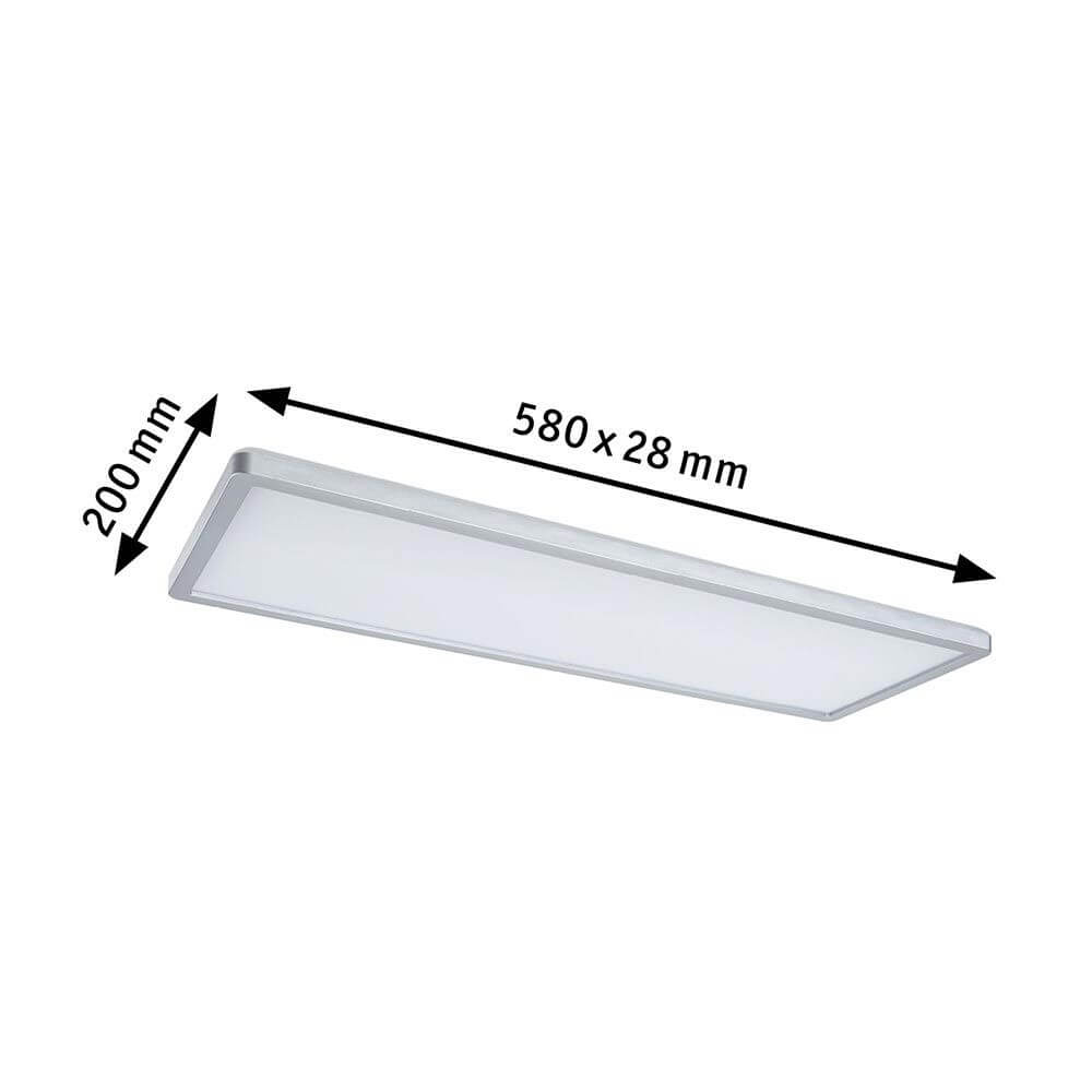 LED Panel Atria Shine Deckenleuchte RGBW Chrom-Matt mit Maßen 580x200mm und 28mm dick.
