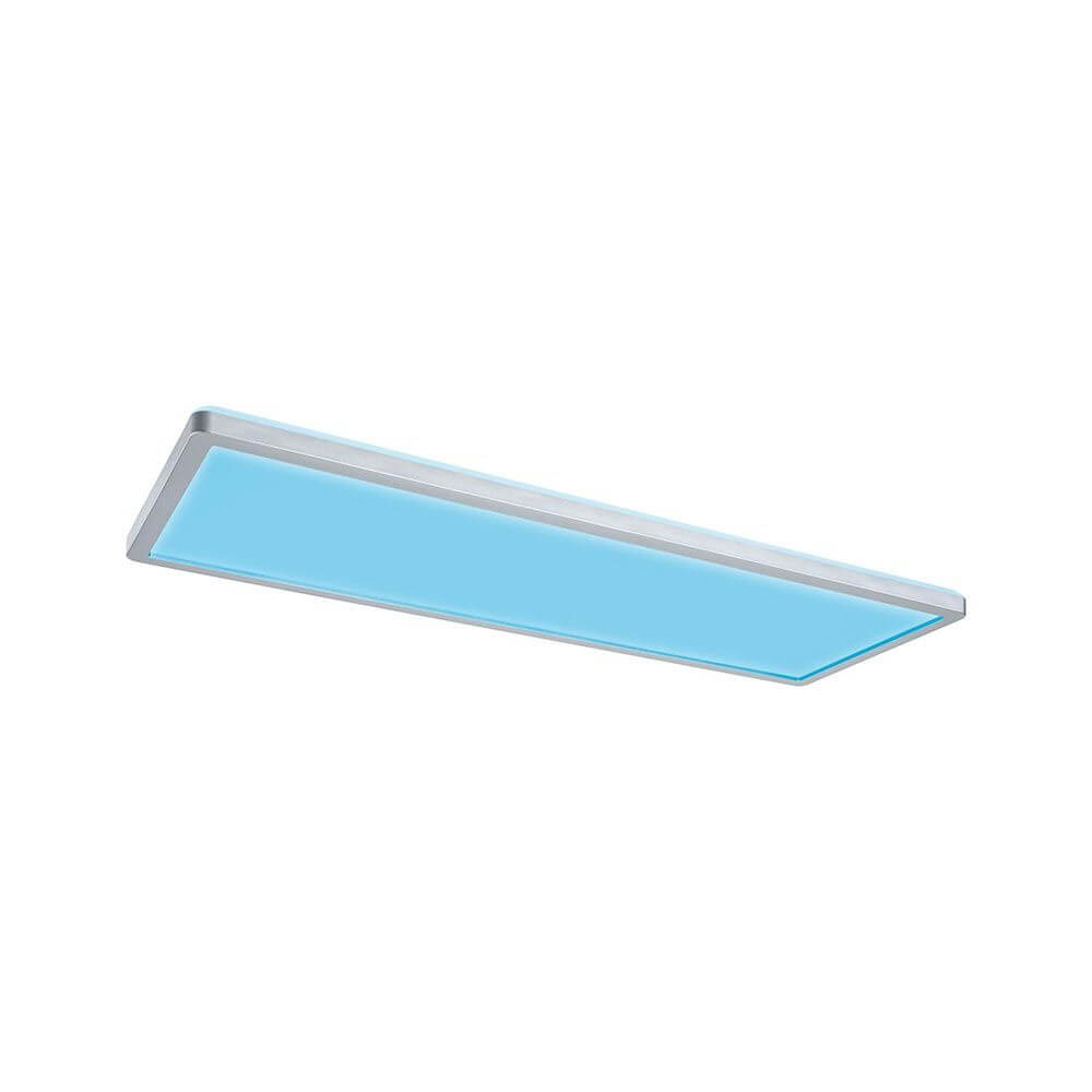 LED Panel Atria Shine Deckenleuchte RGBW Chrom-Matt in blauer Lichtfarbe, ideal für moderne Raumbeleuchtung.