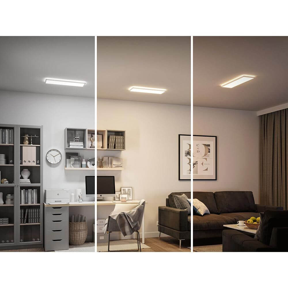 LED Panel Atria Shine Wärme-Dimmbar Weiß in verschiedenen Lichtstufen in Wohnräumen.