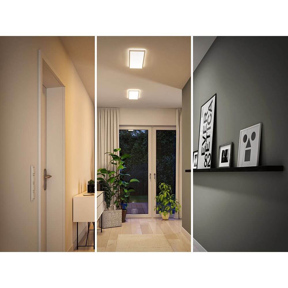 LED Panel Atria Shine Wärme-Dimmbar Weiß in verschiedenen Wohnräumen, bietet warmweißes Licht und dimmbare Funktion.