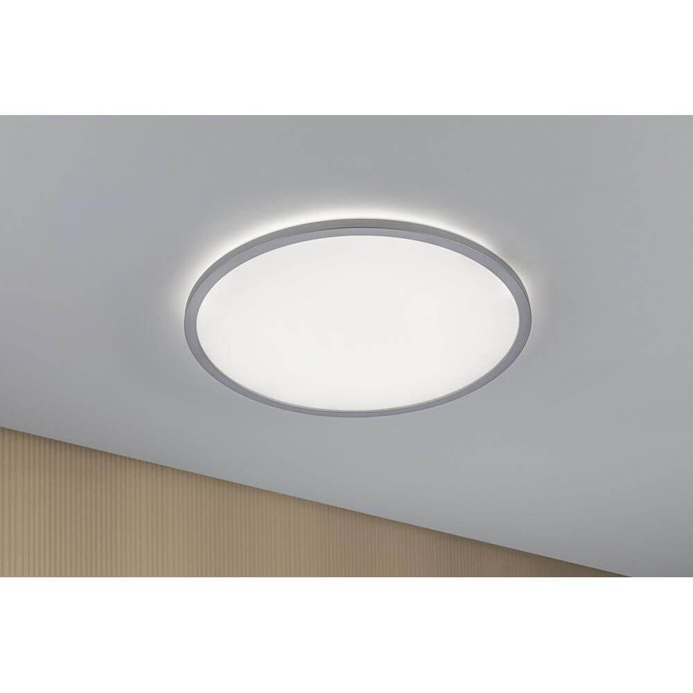 LED Panel Atria Shine Rund Chrom-Matt 3 Stufen-Dimmer an der Decke mit warmweißem Licht.
