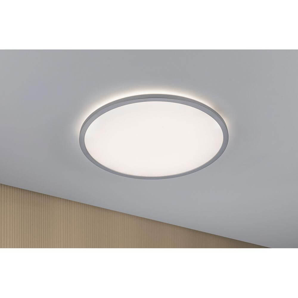 LED Panel Atria Shine Rund Chrom-Matt mit Stufen-Dimmer an Decke montiert, warmweißes Licht für Wohnräume