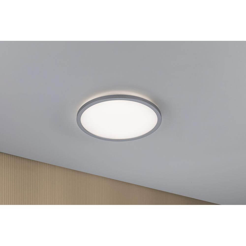 LED Decken-Panel Atria Shine Ø 29cm Rund Chrom an der Decke montiert, warmweißes Licht.