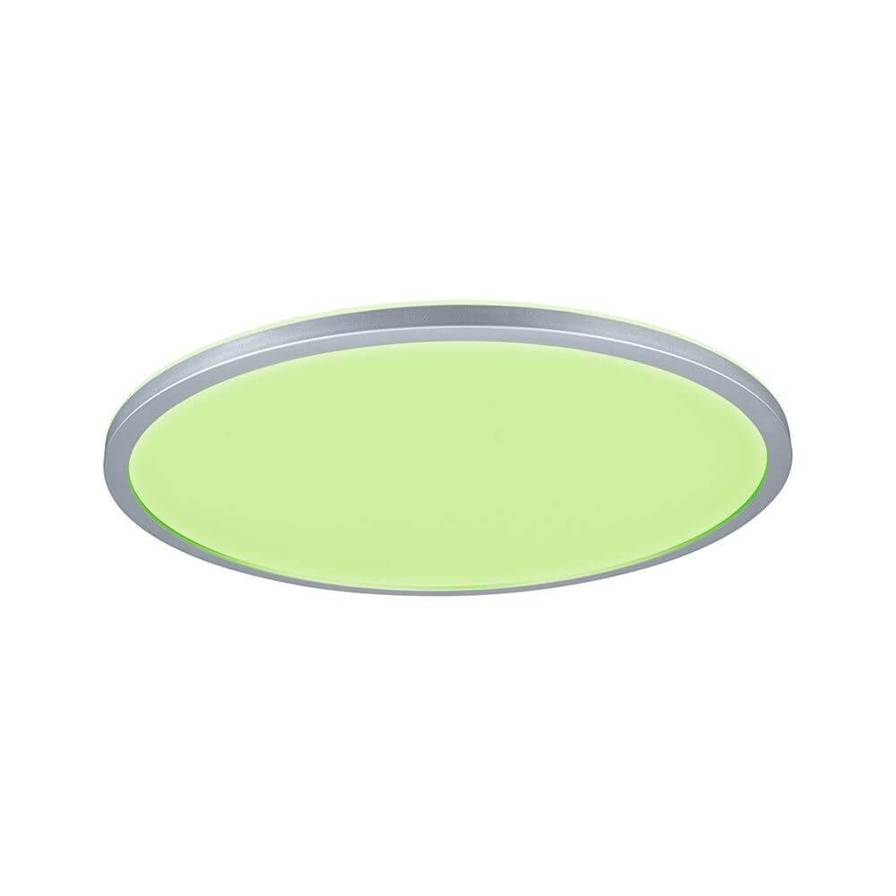 LED Panel Atria Shine Rund RGBW Dimmbar Chrom in grünem Licht, runde Form mit Chromrand.