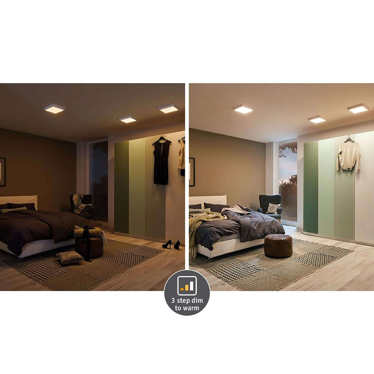 LED Panel Deckenleuchte Carpo Dim-to-Warm Ø 17cm Weiß in einem modernen Schlafzimmer, dimmbar mit drei Lichtfarben.