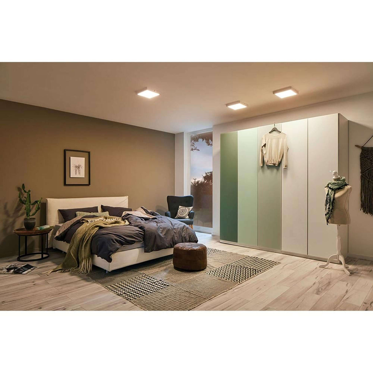 LED Panel Deckenleuchte Carpo Dim-to-Warm Ø 17cm Weiß in modernem Schlafzimmer mit stilvollem Interieur