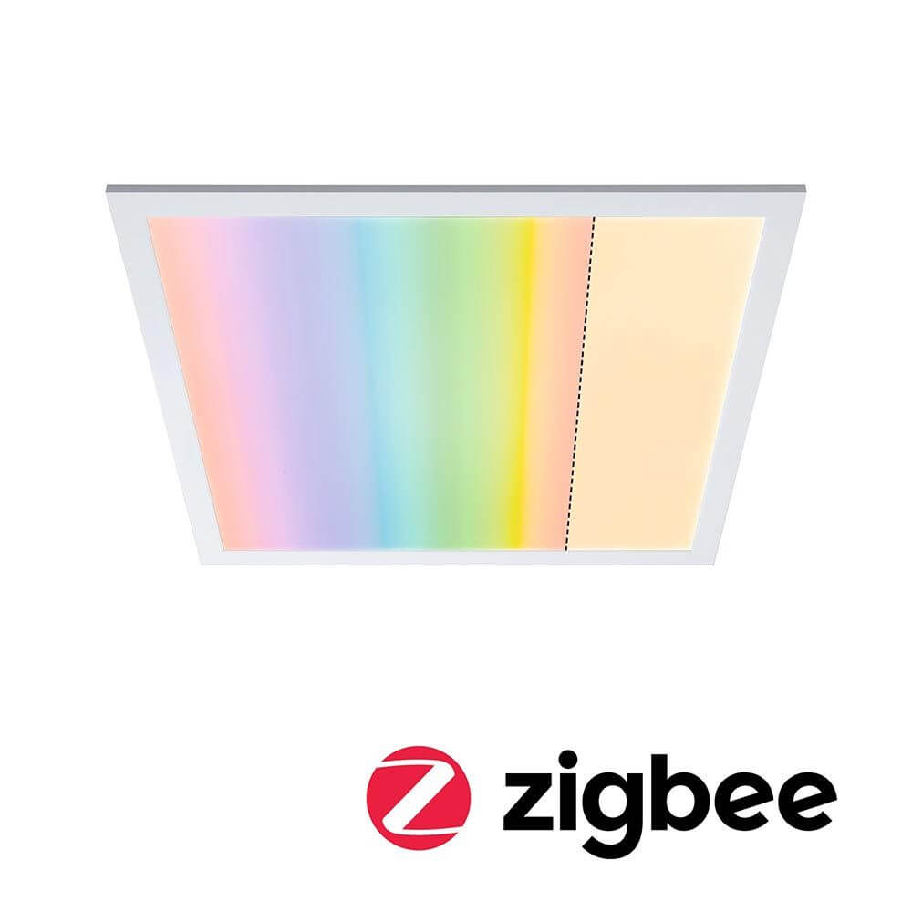 LED Panel Smart Home Zigbee Amaris RGBW Eckig mit RGBW-Farben und Zigbee-Logo auf satinierter Oberfläche.