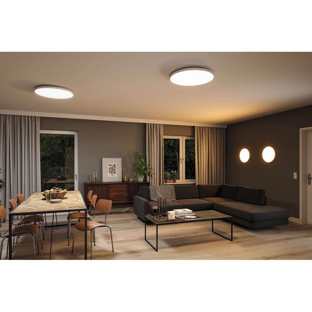 LED Panel Smart Home Zigbee Velora CCT Rund 40cm Weiß in modernem Wohnzimmer mit minimalistischem Design