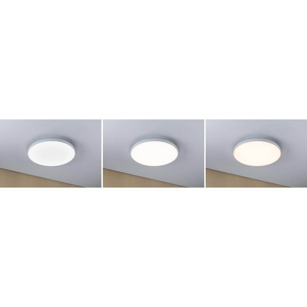 LED Panel Smart Home Zigbee Velora CCT Rund 40cm Weiß - Drei Farbvariationen an der Decke montiert.
