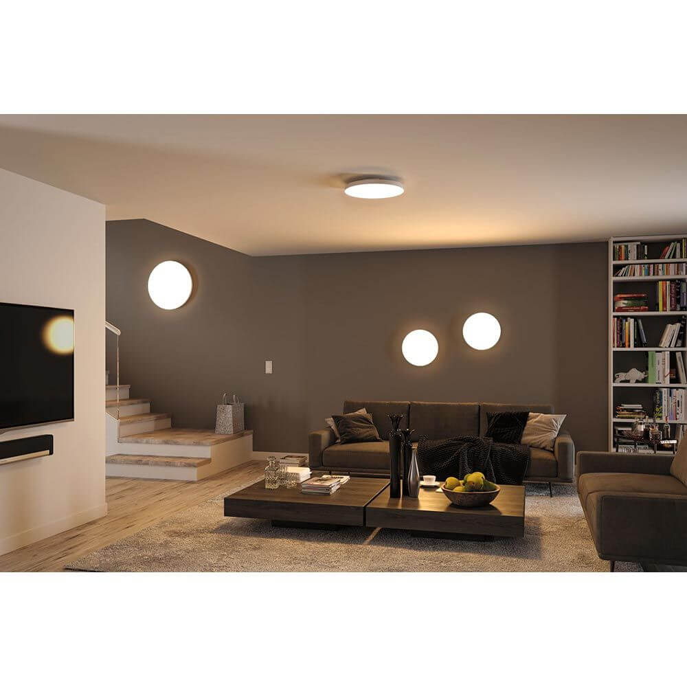 LED Panel Smart Home Zigbee Velora CCT Rund 40cm Weiß in modernem Wohnzimmer mit angenehmem Licht.