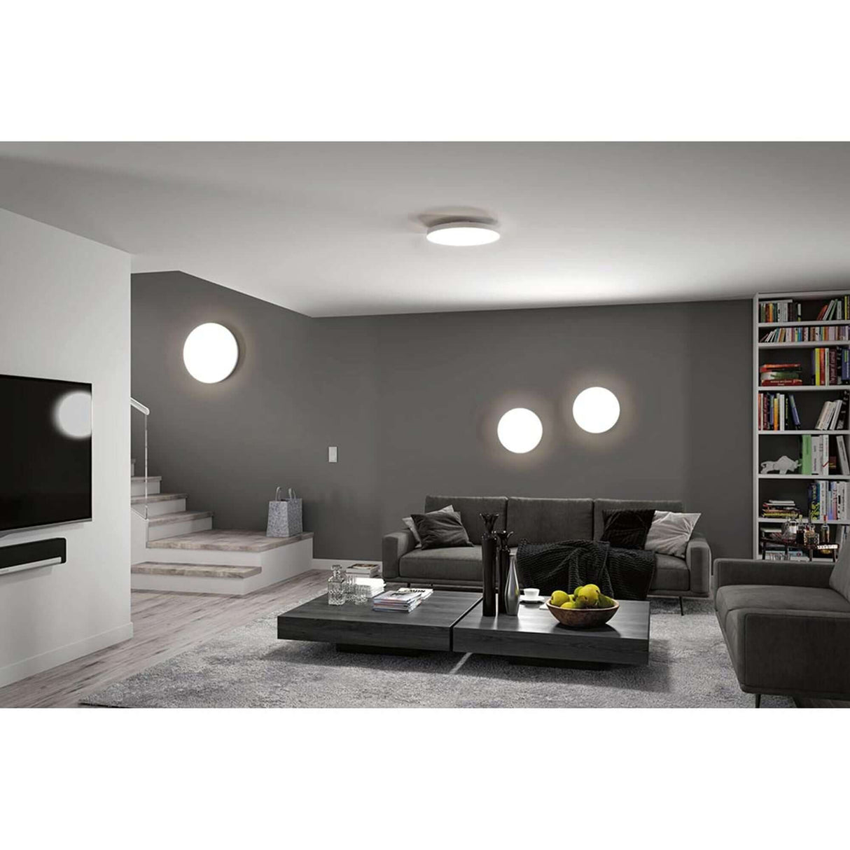 LED Panel Smart Home Zigbee Velora CCT 60cm Weiß in modernem Wohnraum mit runder Deckenmontage.