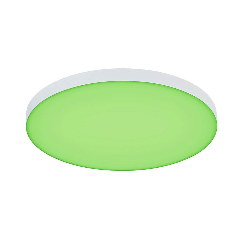 LED Panel Smart Home Zigbee Velora Rund RGBW in grünem Licht, rahmenlos und ultraflach, für Wand- und Deckenmontage.