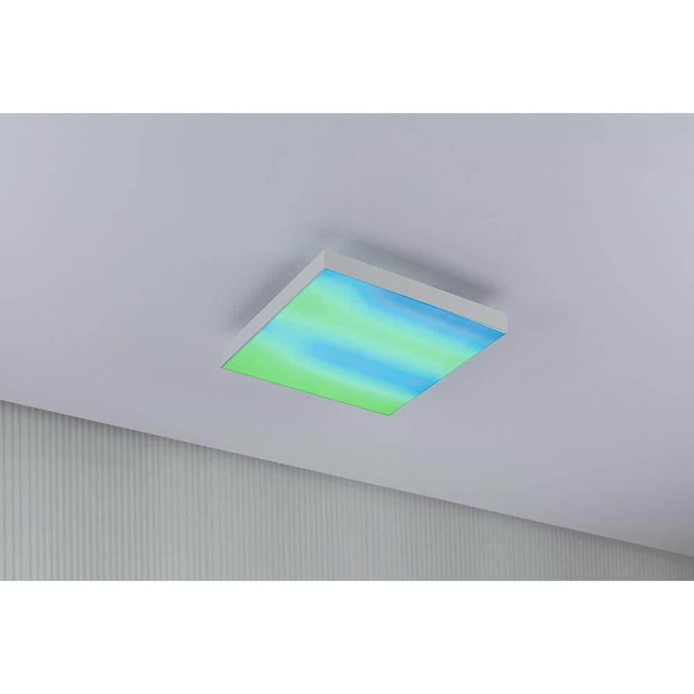 LED Panel Velora Rainbow CCT-Dimmbar 29x29cm in einer modernen Wohnumgebung mit dynamischen Farbwechsel-Effekten.