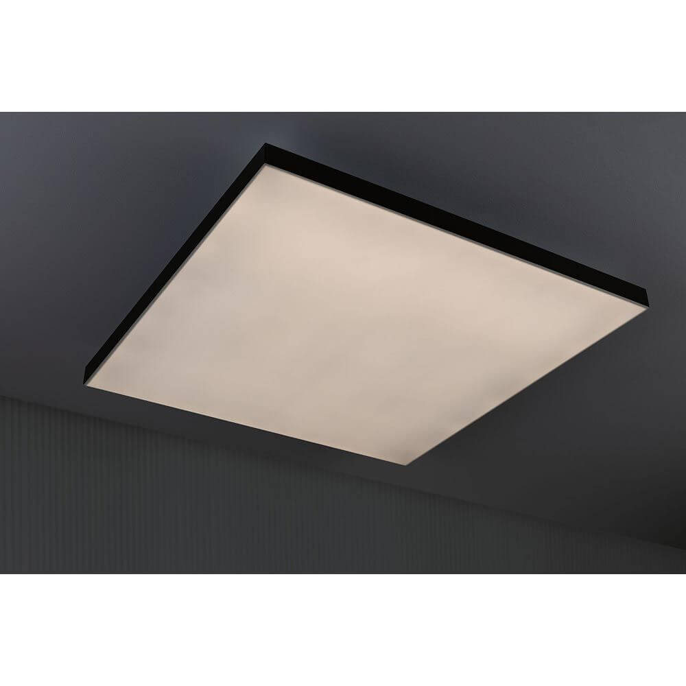 LED Panel Velora Rainbow RGBW Dynamisch Schwarz an der Decke montiert, elegante Beleuchtung für moderne Wohnräume.