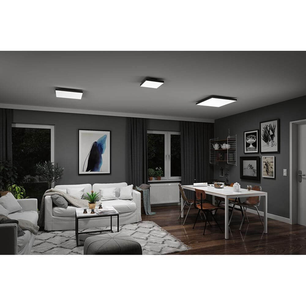 Moderne Wohnumgebung mit LED Panel Velora Rainbow RGBW Dynamisch Schwarz und gemütlichem Design.