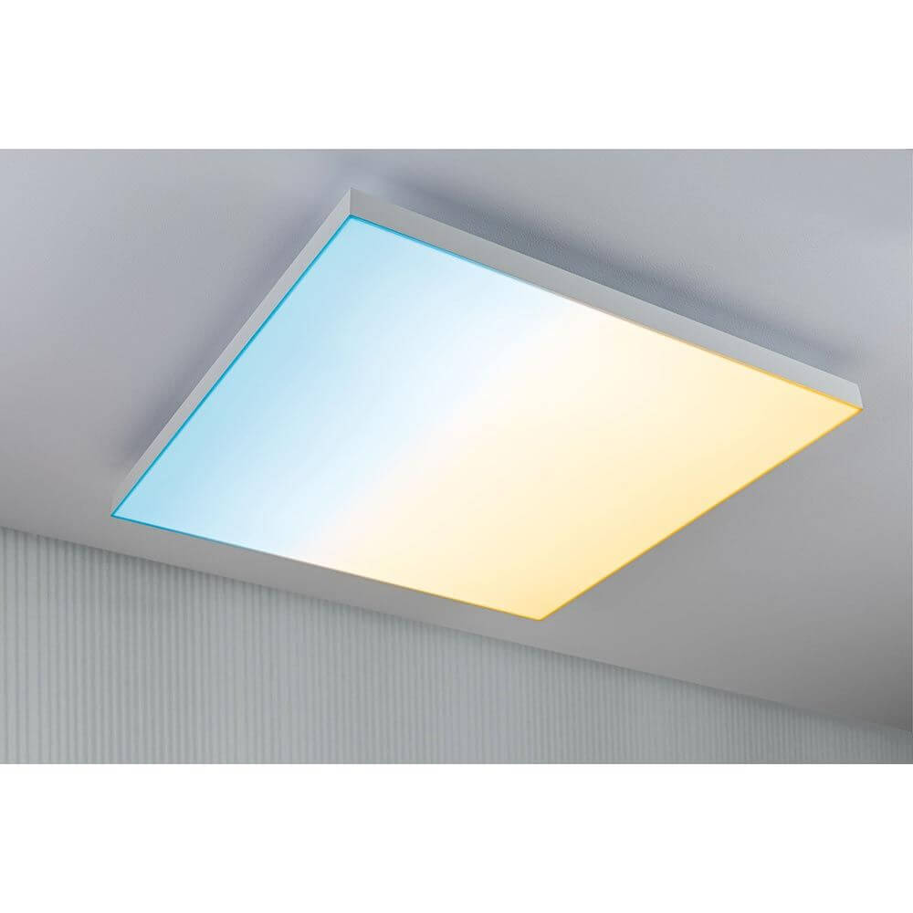 Velora LED Rainbow Panel RGBW Dynamisch Weiß 59x59cm mit spektakulären Lichteffekten in Blau und Gelb.